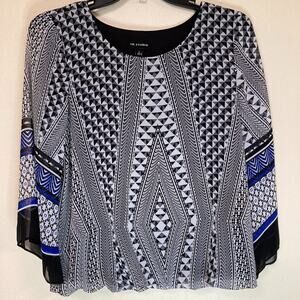 I.N. Studio Women's Shirt Black Blue White Print Top Size Large 3/4 Bell Sleeve